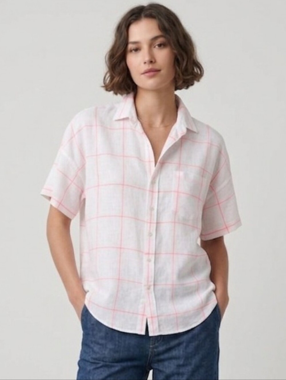Frank And Eileen Linen Short Sleeve Top Rose Shirt Size Large Boxy Relaxed Fit